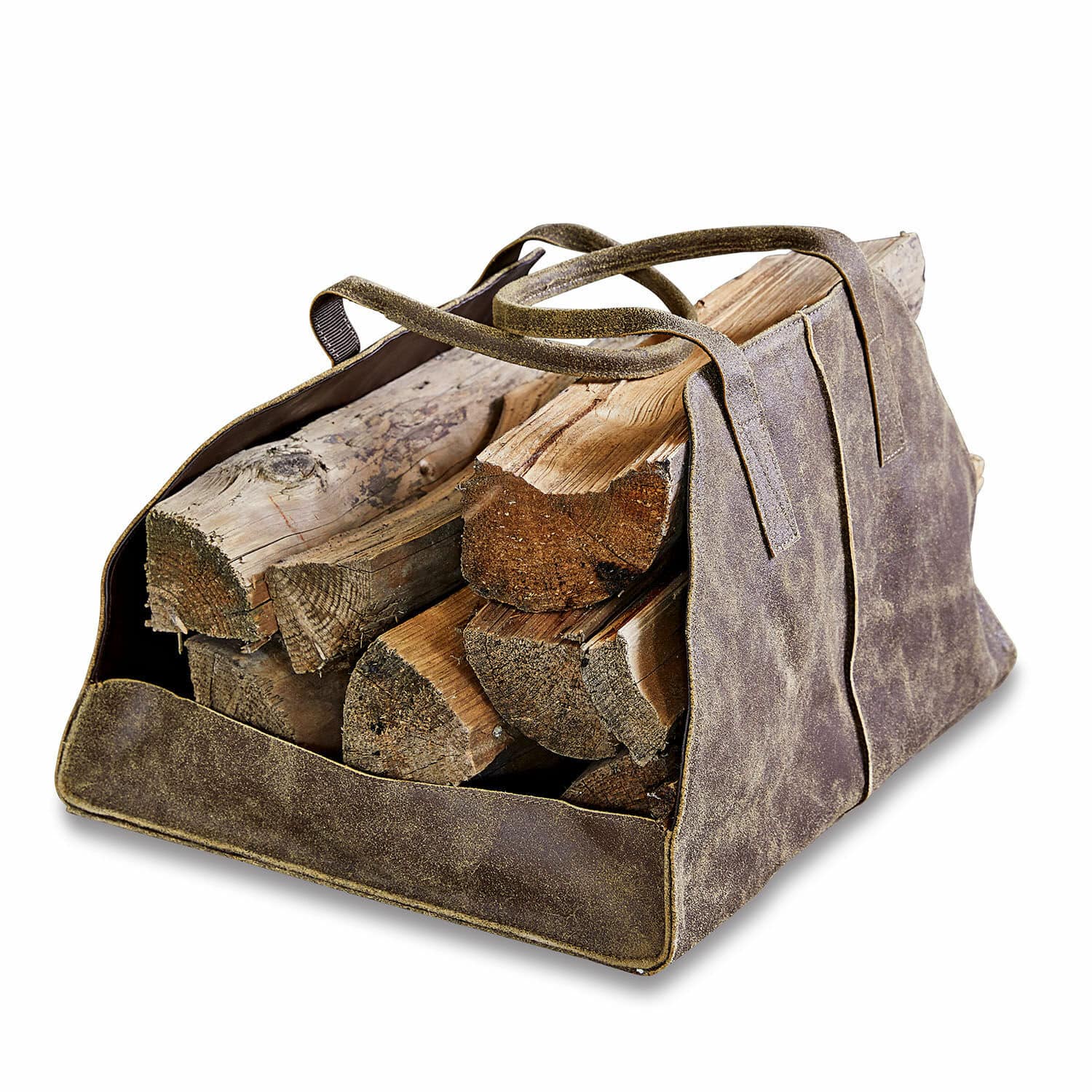 Draagtas Bassila Bruine suède draagtas voor brandhout, praktisch accessoire voor de open haard