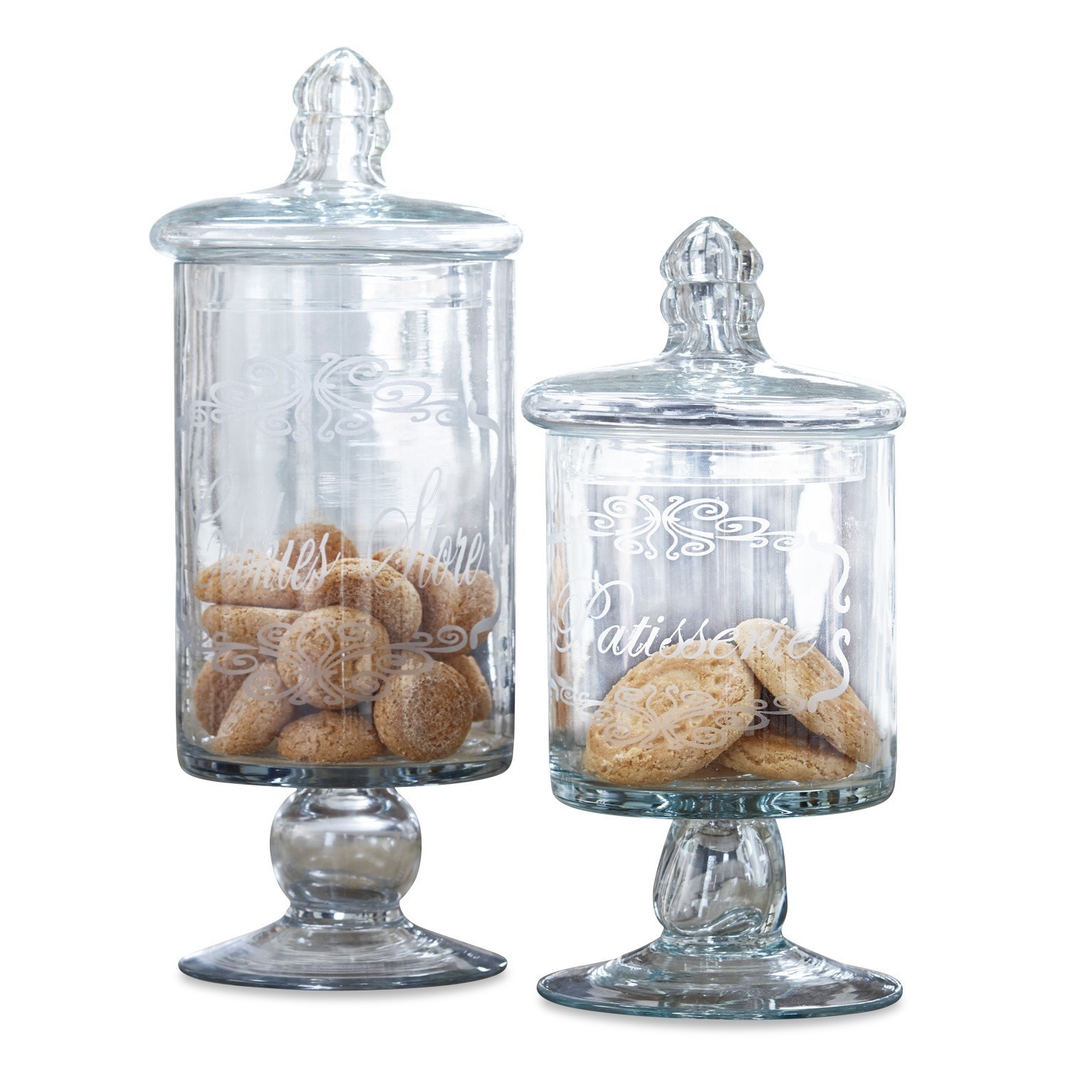 Pot set van 2 Suzie Twee transparante glazen potten op voet met deksels, gevuld met koekjes, decoratief glas