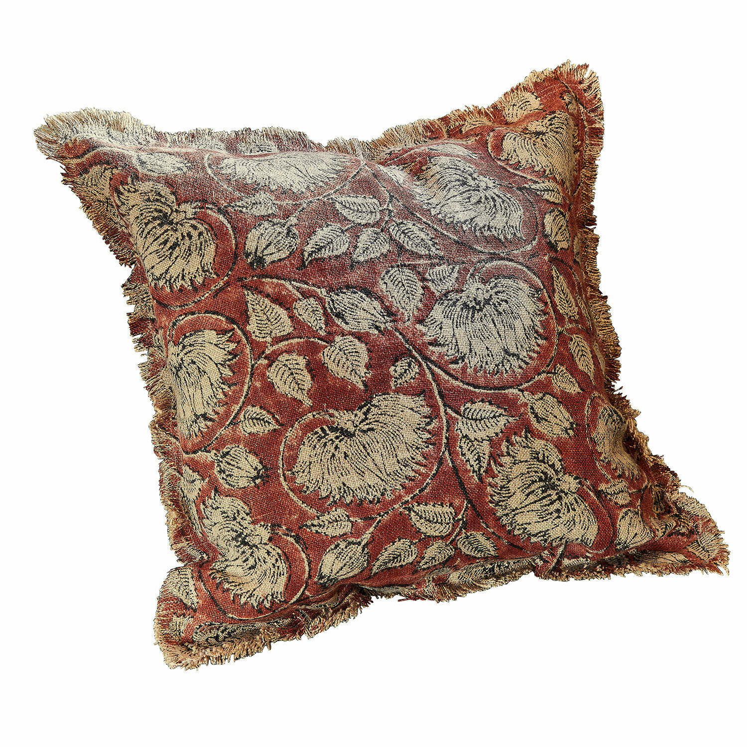 Kussenhoes Lemisto Decoratief kussen van stof met rood-beige bloemmotief en franjes, woonaccessoire