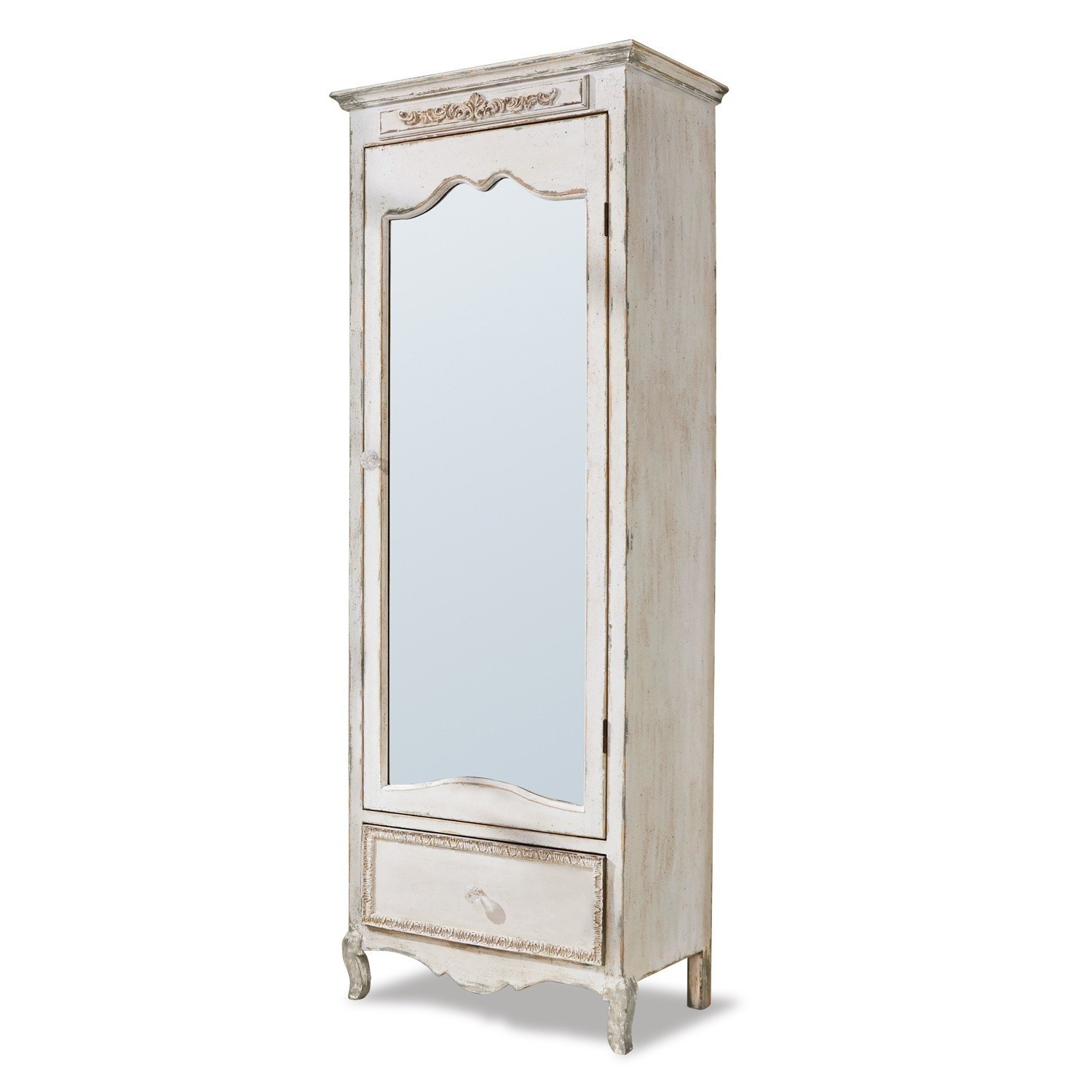 Kast Hoge houten kast in vintage stijl, wit met spiegel en decoratieve lade