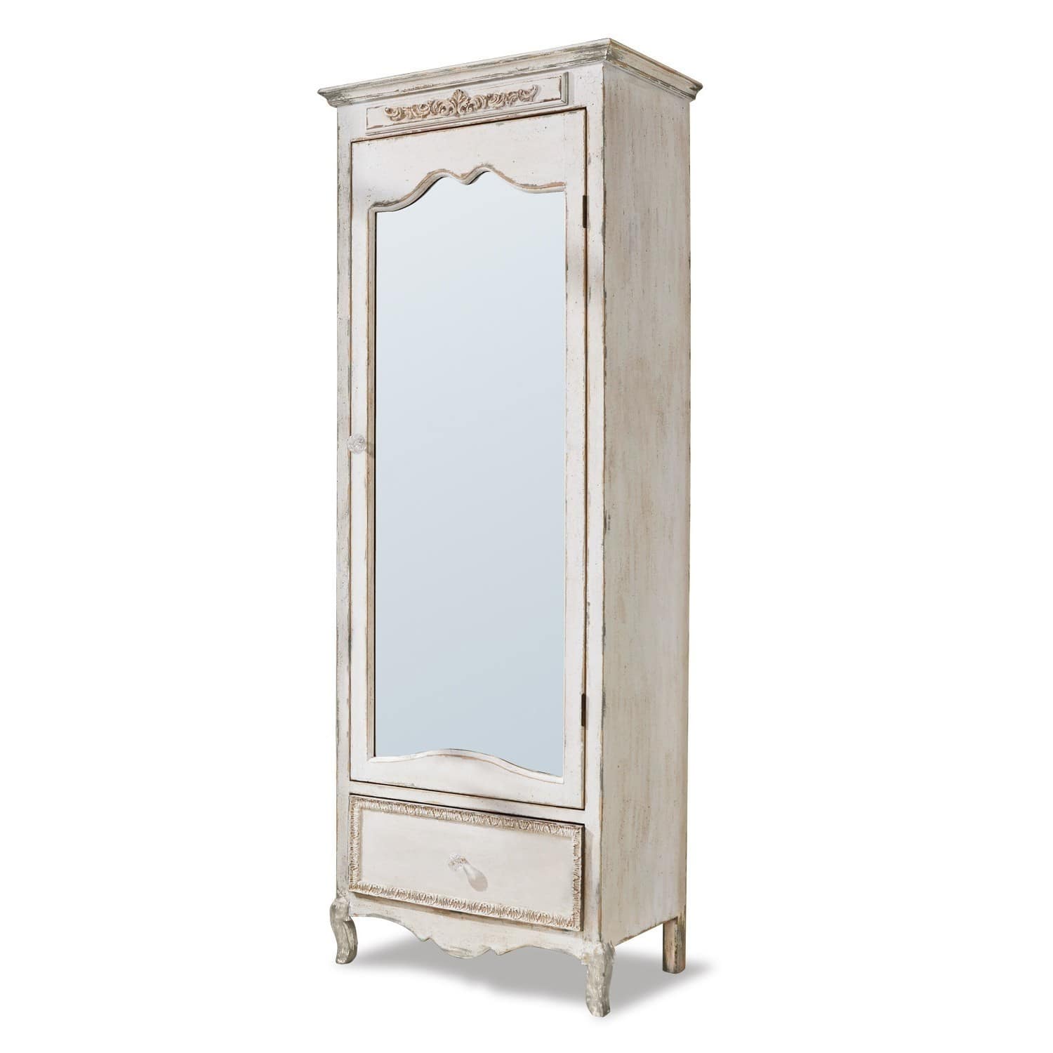 Kast Lucgarier Hoge houten kast in vintage stijl, wit met spiegel en decoratieve lade