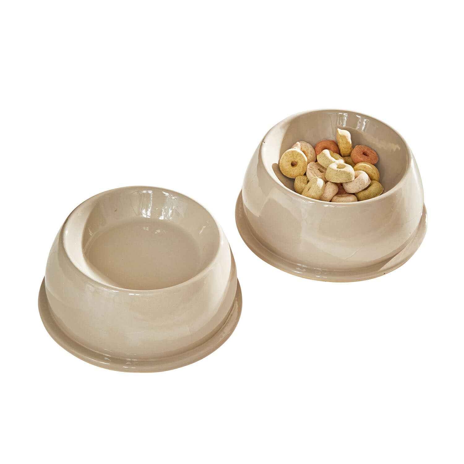 Voerbakje set van 2 Kireva Beige keramische dierenkommen, één gevuld met droogvoer, de ander leeg, praktische hondenaccessoires