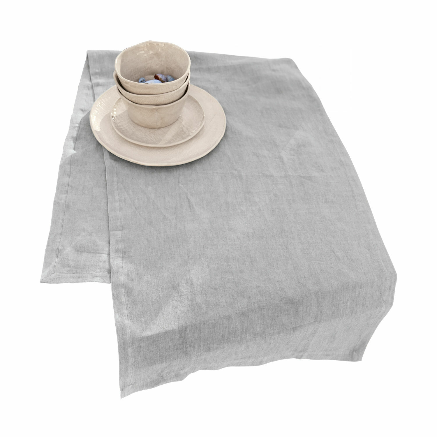 grijs Grijze linnen tafelloper met beige keramiek als tafeldecoratie