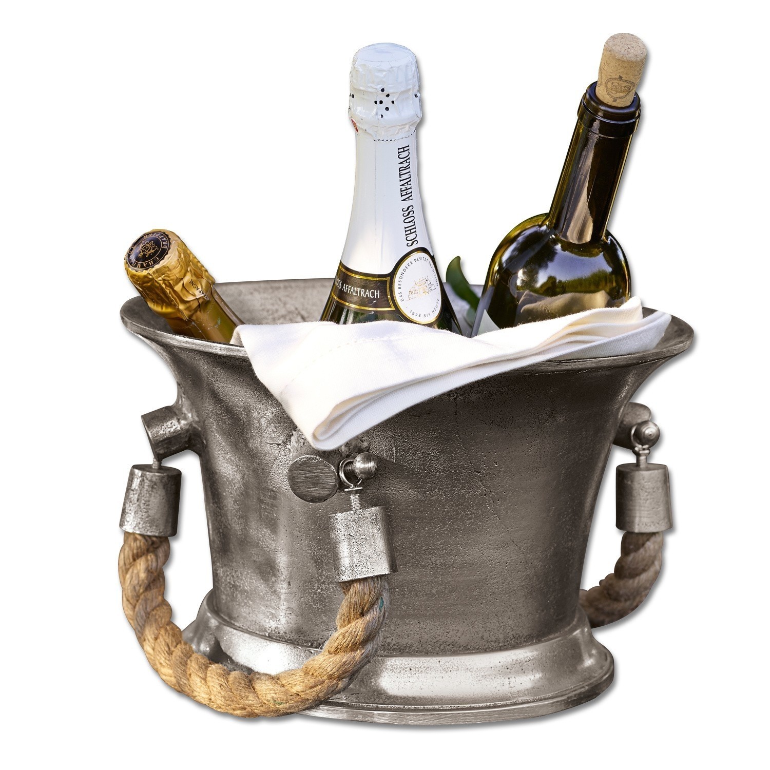 Champagnekoeler Maxwell Metalen ijsemmer met touw en drie wijnflessen, witte servet erop gelegd