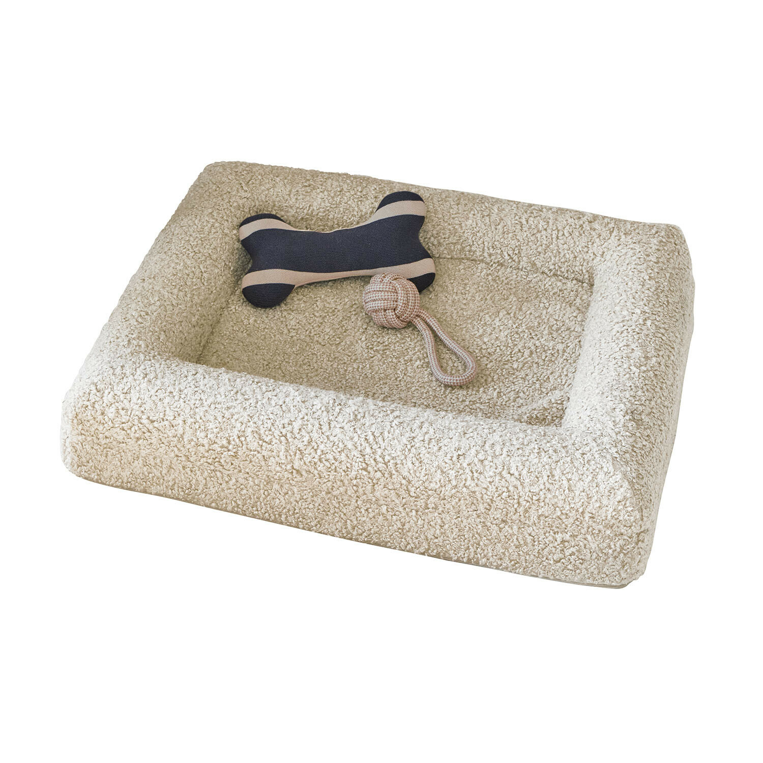 Huisdierenmand Khalima Beige zacht hondenbed van pluche materiaal met twee kauwspeeltjes