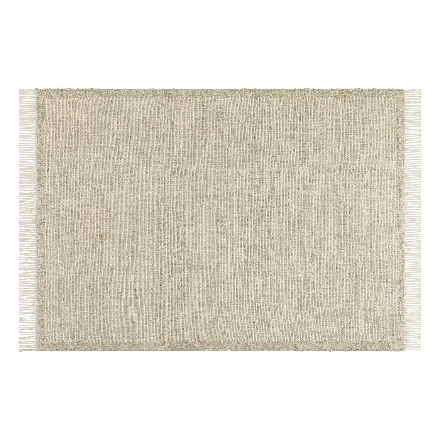 Beige vloerkleed met franjes van natuurlijk materiaal, eenvoudig ontwerp voor interieur