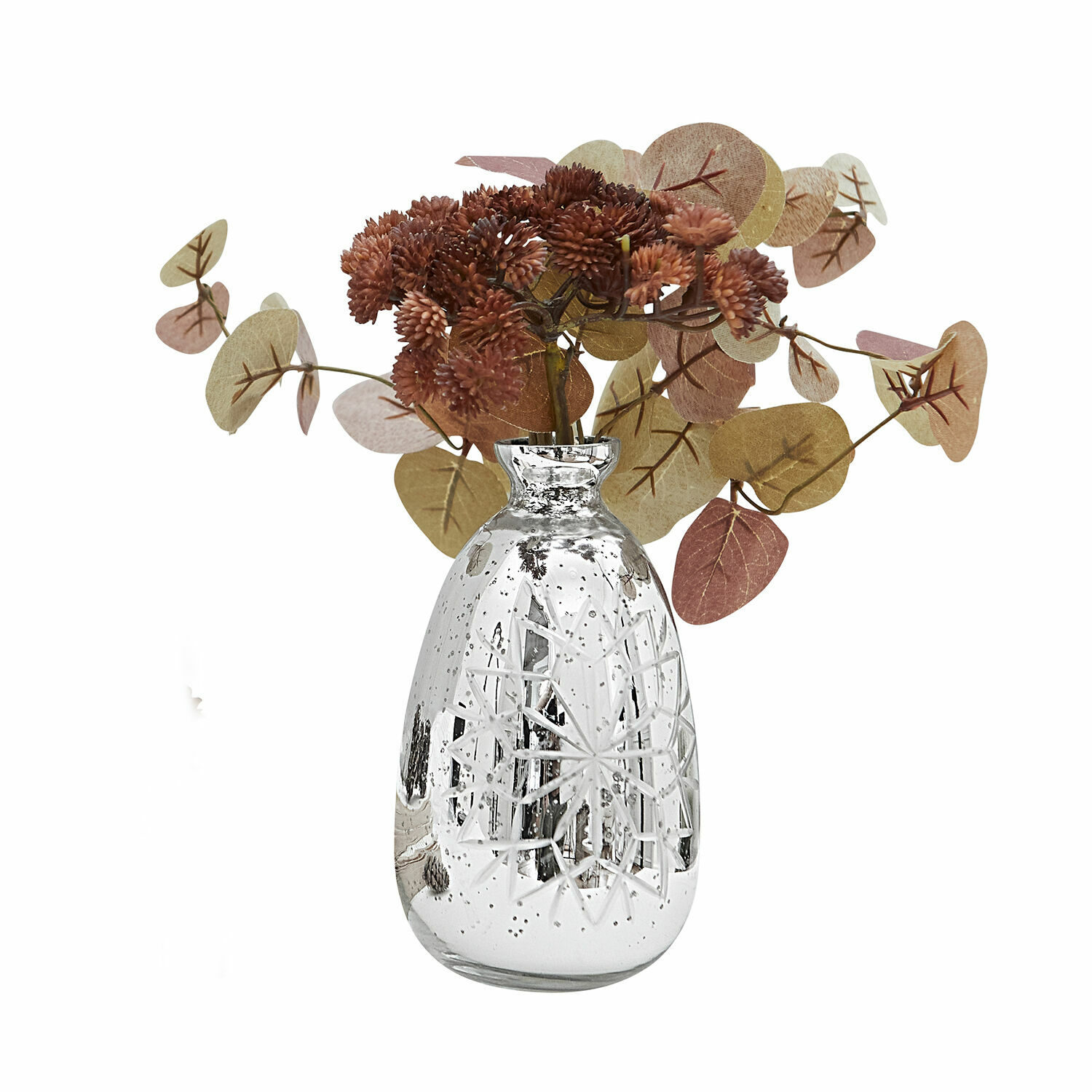 Vaas Zorelie Zilverkleurige glazen vaas met gegraveerd patroon en gedroogde bloemen in bruine tinten als decoratie