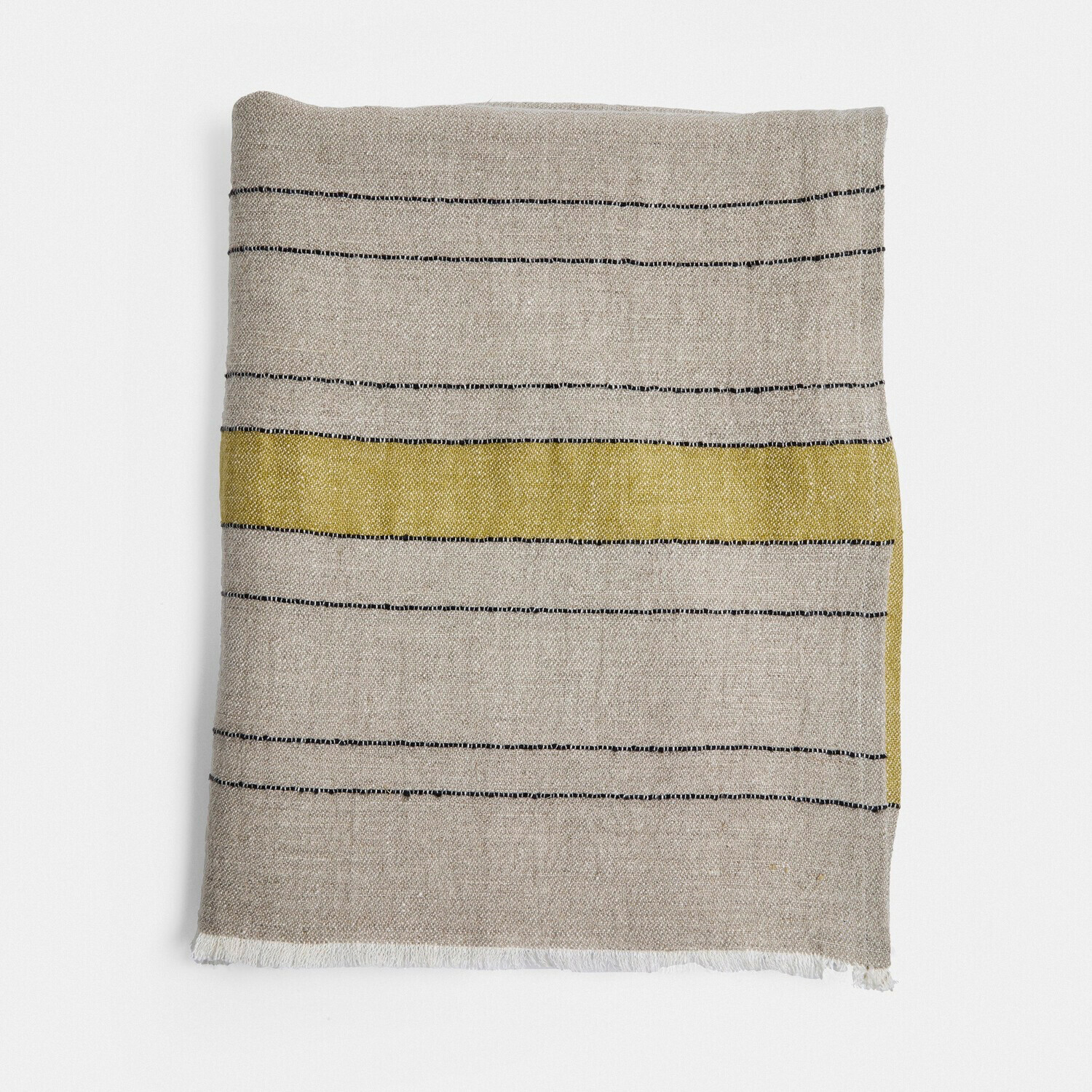 Beige linnen deken met zwarte en gele strepen, zachte decoratieve woontextiel