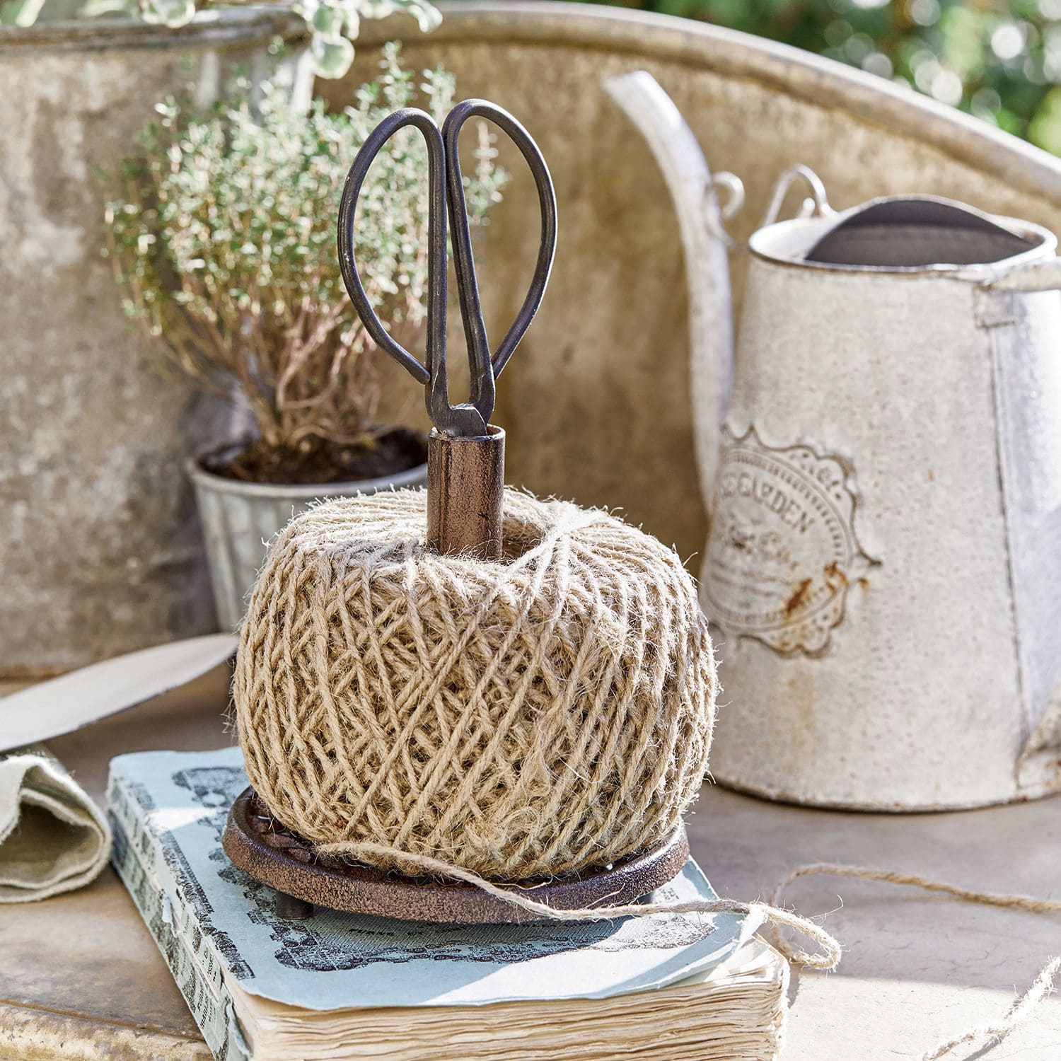 Touwhouder met schaar Winsome Natuurlijke juten touw op metalen houder met schaar voor tuinieren en decoratie