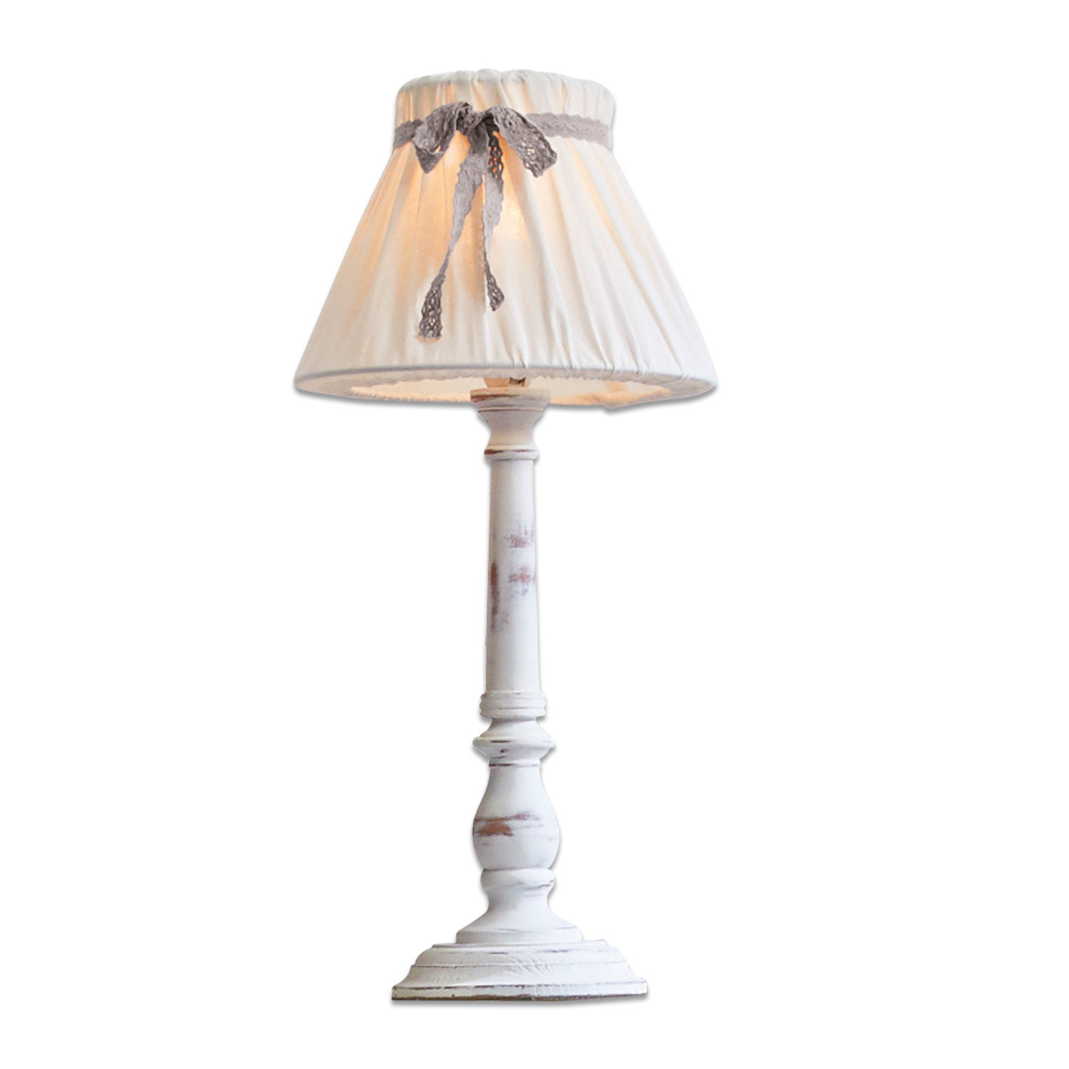 Tafellamp Valentin Witte houten tafellamp met stoffen kap en grijze strik, decoratieve woonkamerlamp