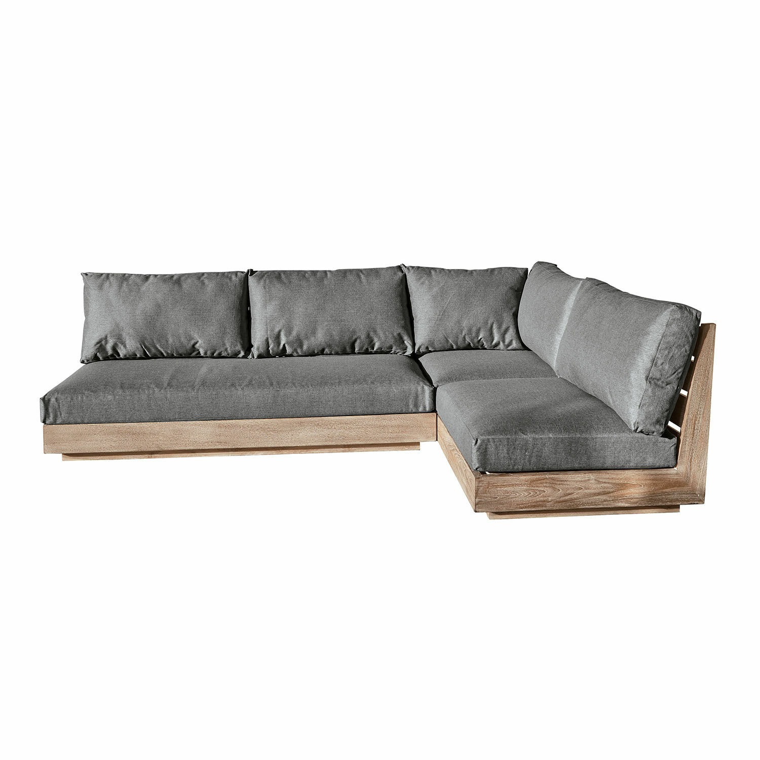 Grijze hoekbank Courtelevant met bruin houten frame, modern comfortabel meubelstuk