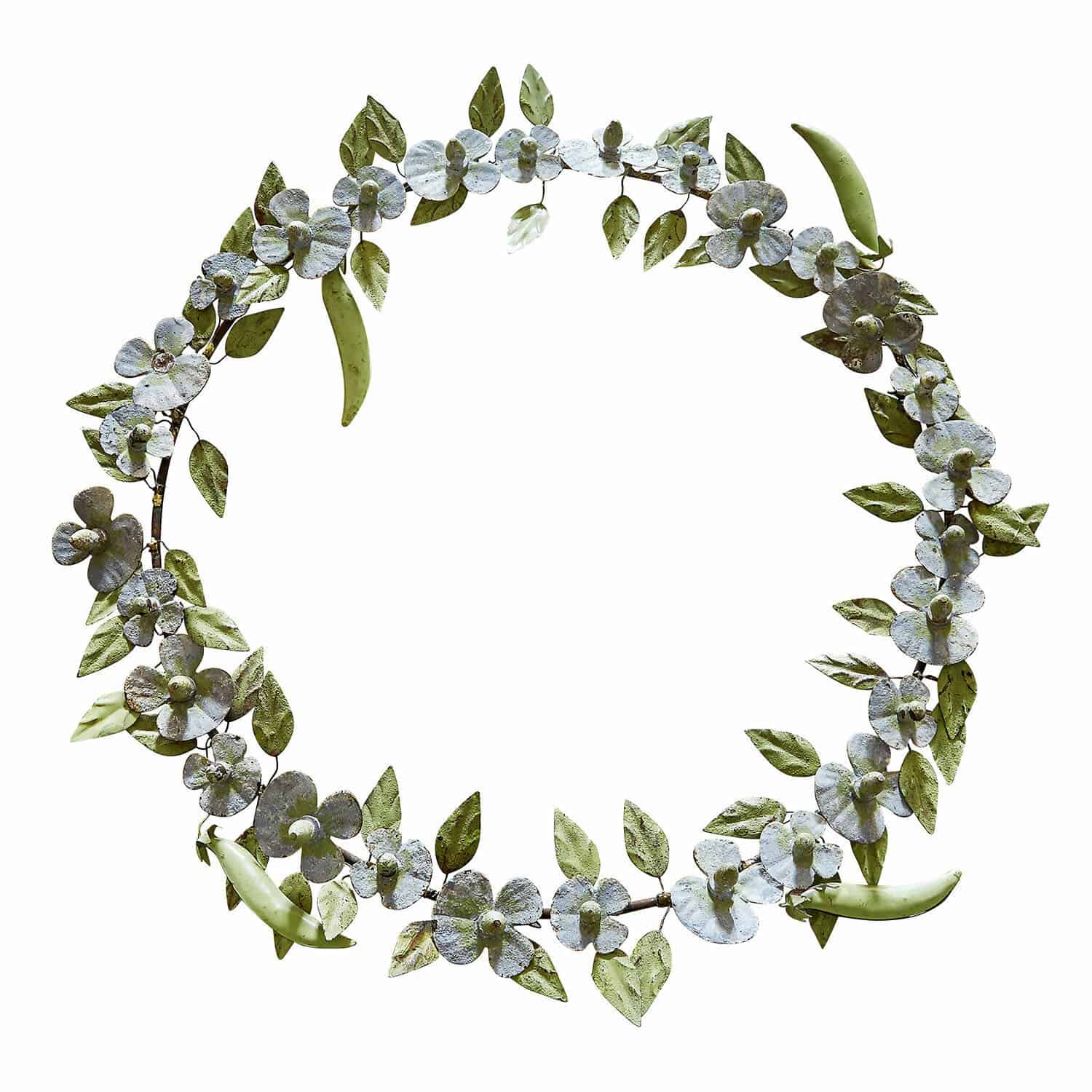 Krans Cecilia Decoratieve metalen krans met groene bladeren en witte bloemen voor binnen en tuin