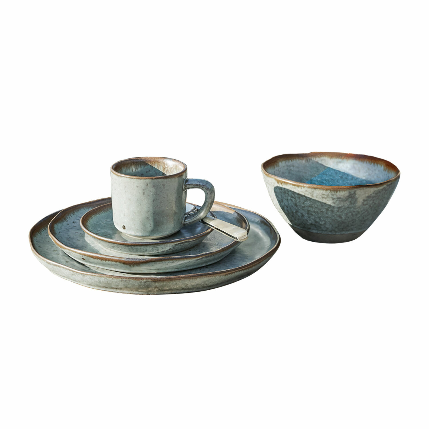 Servies set van 30 Biarré Keramisch servies in blauwgrijze tinten met kopje, borden en bijpassende kom