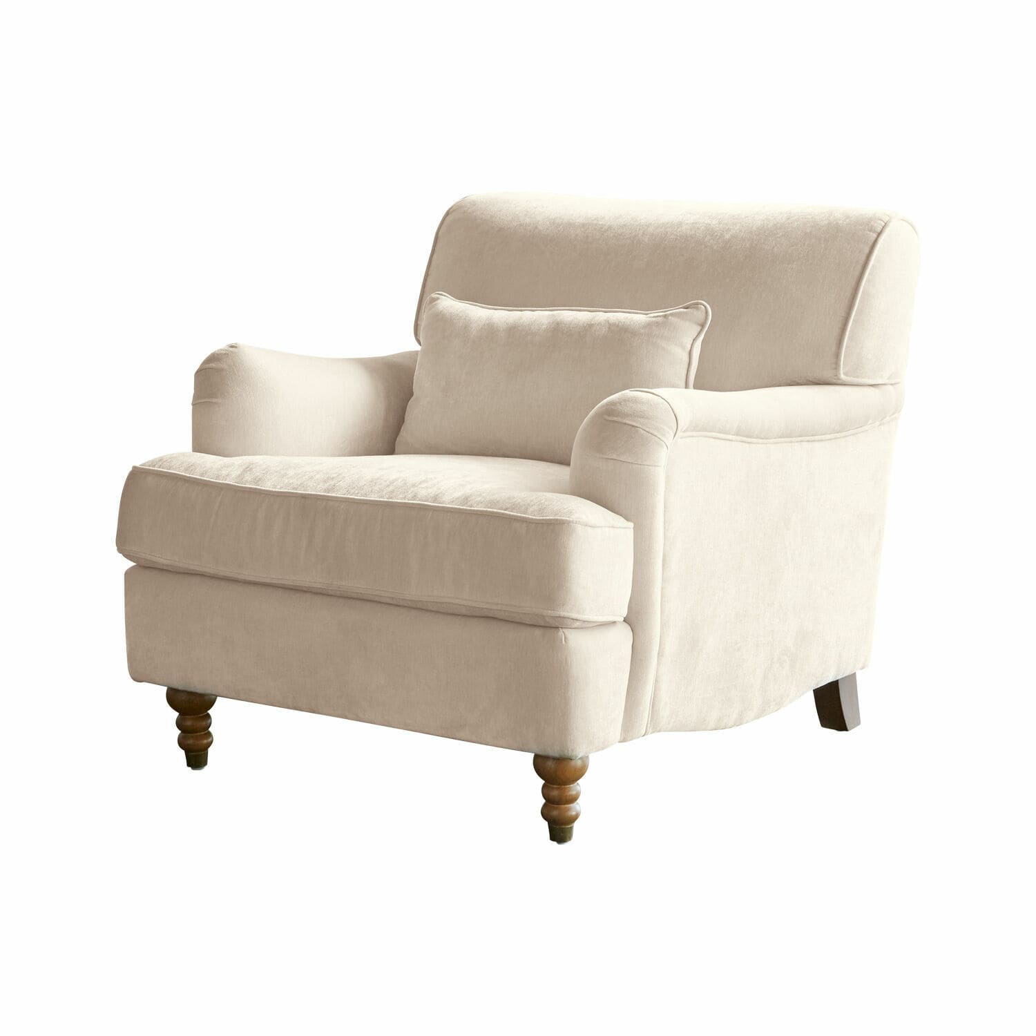 Crèmekleurige Isa fauteuil van zachte stof met houten poten, comfortabele woonkamerstoel