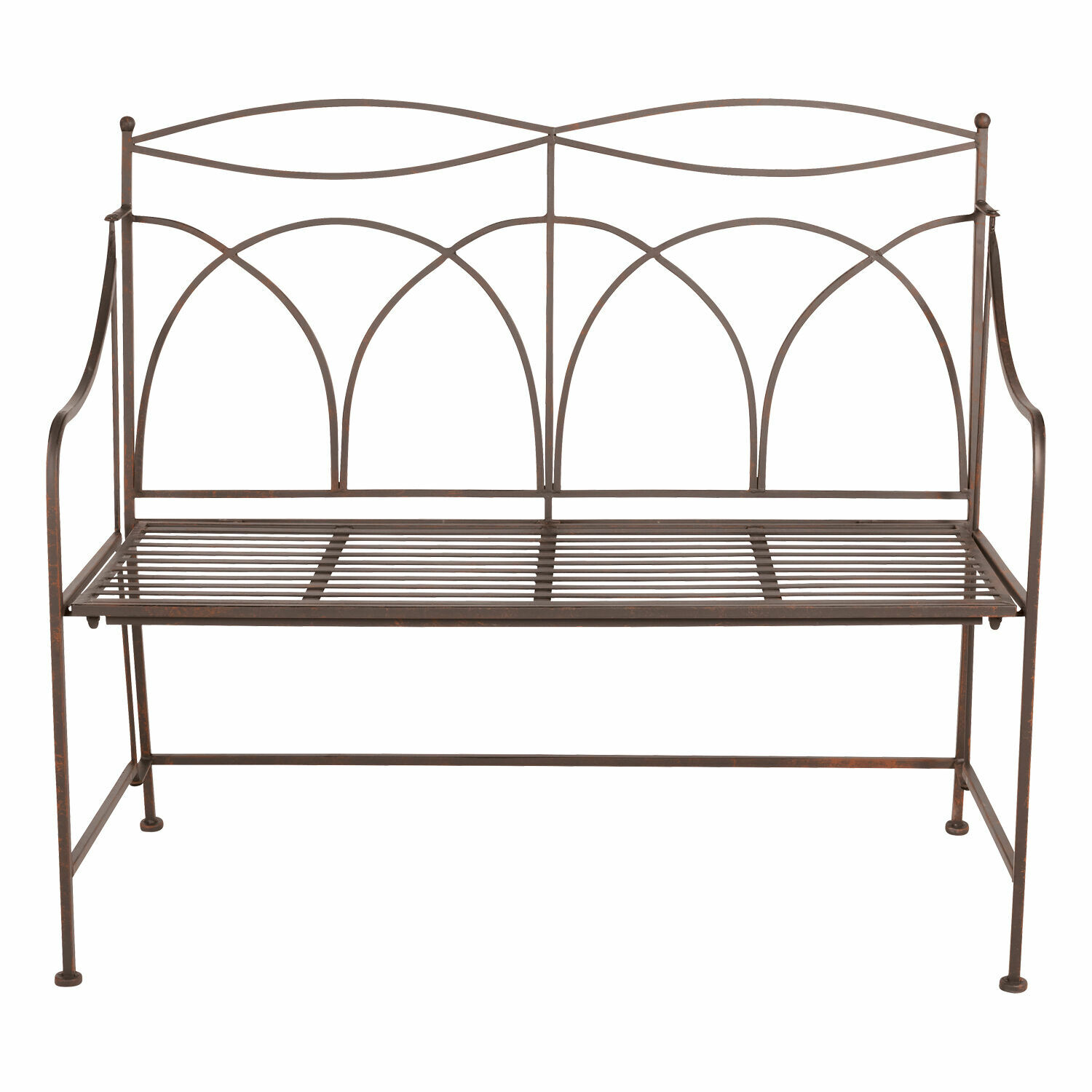 bruin Bruine metalen tuinbank met decoratieve rugleuning en lattenzitting, duurzame tuinmeubelen