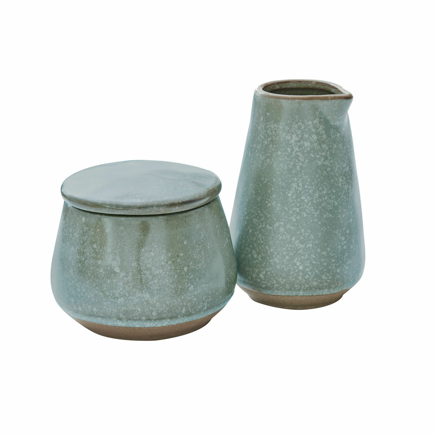 Keramische suikerpot en melkkan in turquoise met bruine basis, keukenaccessoires voor koffie en thee