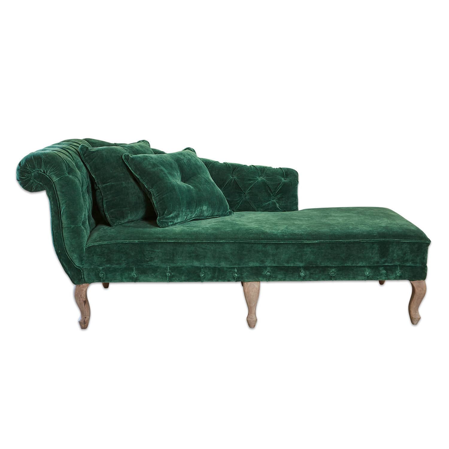 Chaise longue Viviani Groene fluwelen chaise longue met houten poten en gestikte rugleuning voor woonkamer