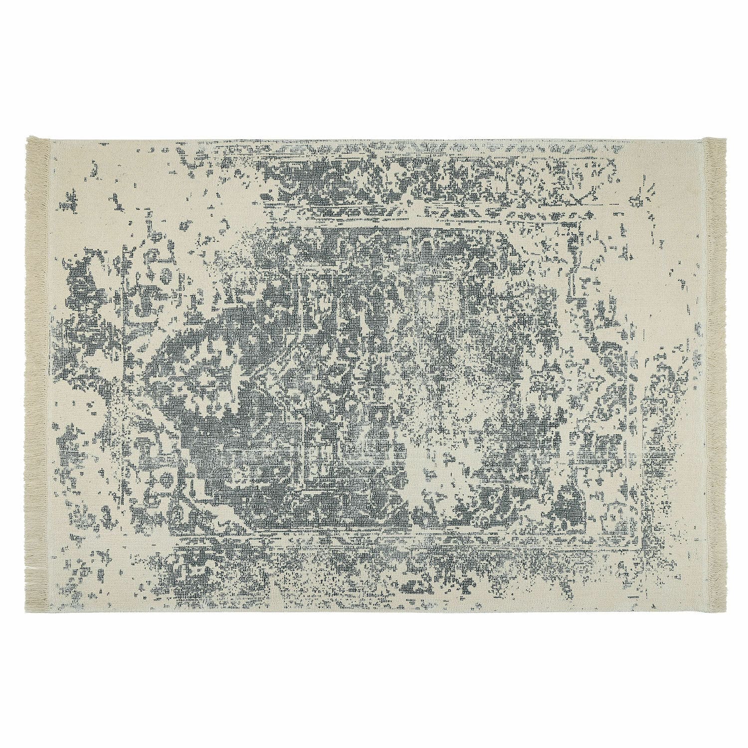 Vloerkleed Lortet Beige katoenen vloerkleed met grijs vintage patroon, decoratief en duurzaam voor woonkamer