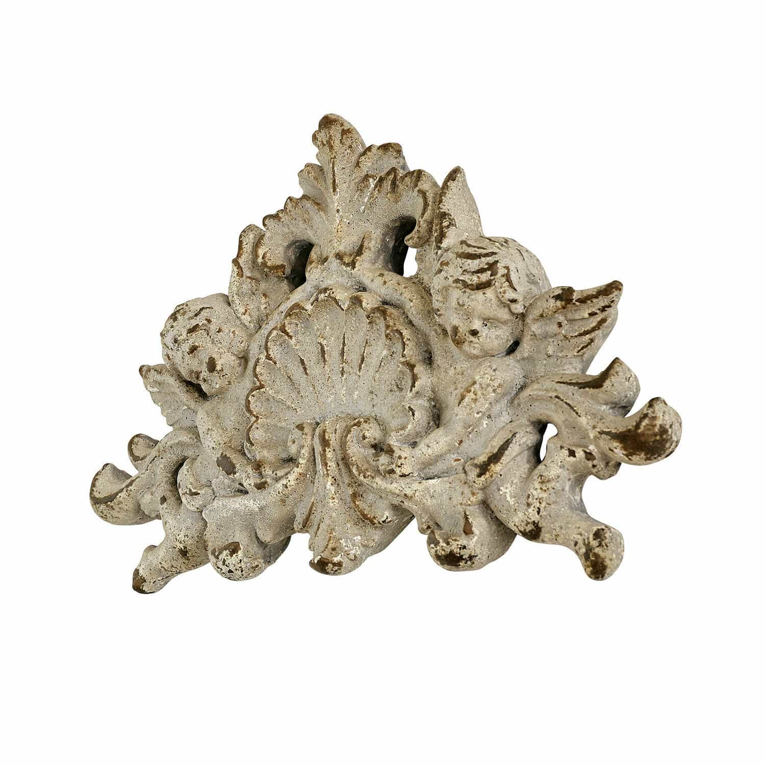Wandornament Gordian Decoratief ornament van wit verweerd hars met engelen voor vintage interieurdecoratie