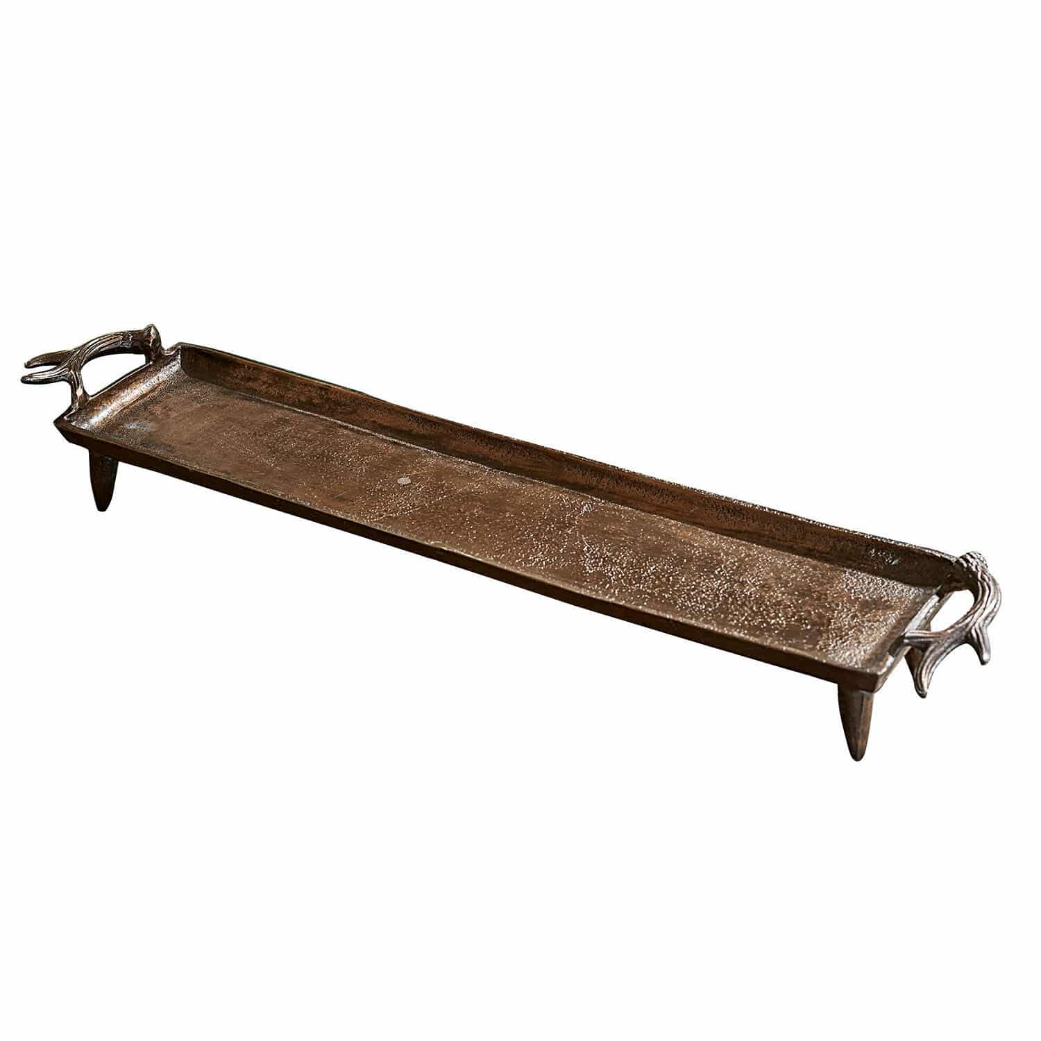 Plateau Donia Lang decoratief metalen dienblad in bruine kleur met hoornvormige handgrepen, voor woonkamer