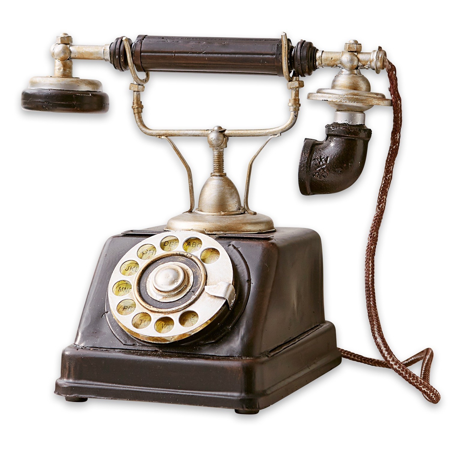 Decoratietelefoon Upavon Oude zwarte draaischijftelefoon met metalen onderdelen en bruine kabel voor vintage decoratie