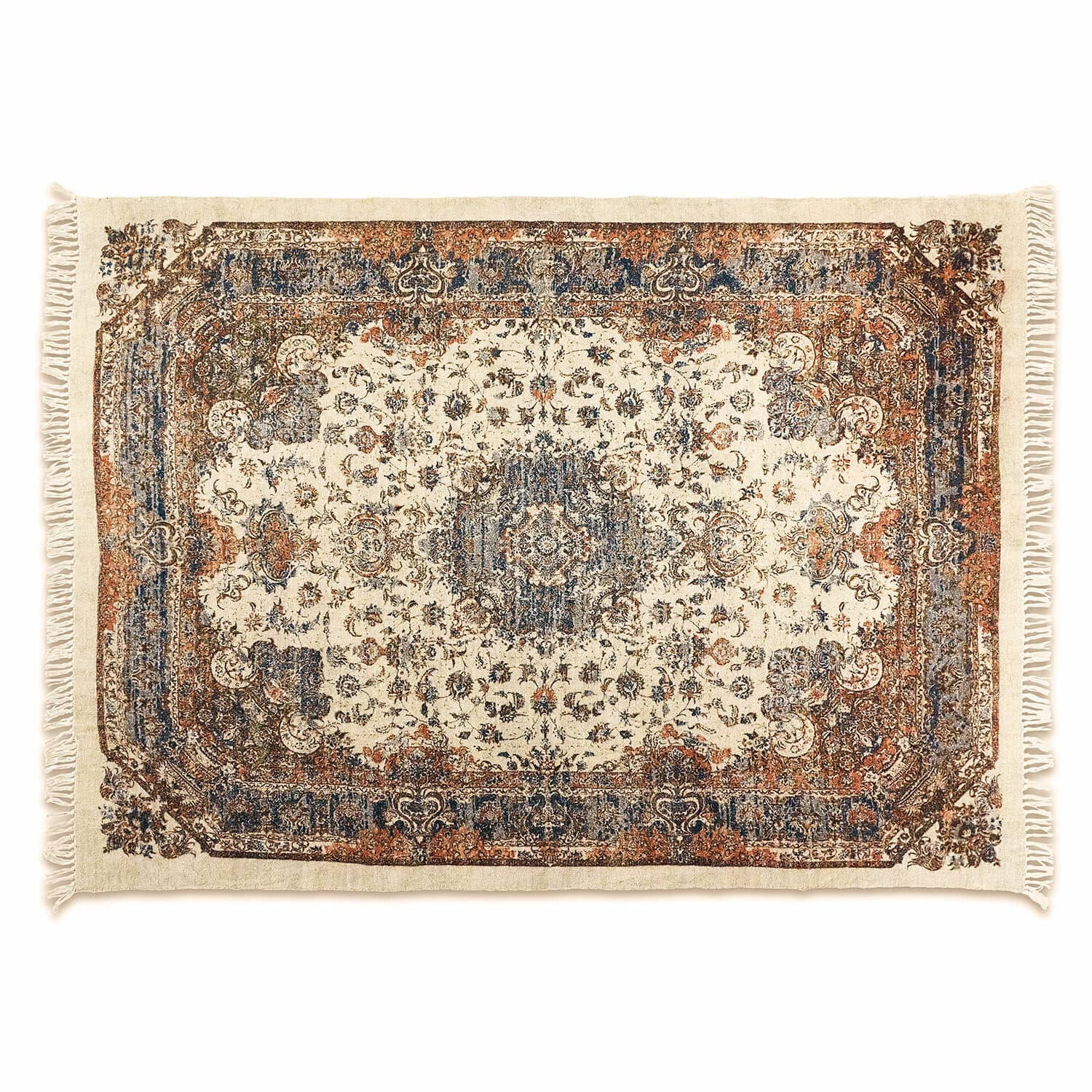 Vloerkleed Aleixo Katoenen vloerkleed met oosters patroon in crème, blauw en bruin met decoratieve franjes