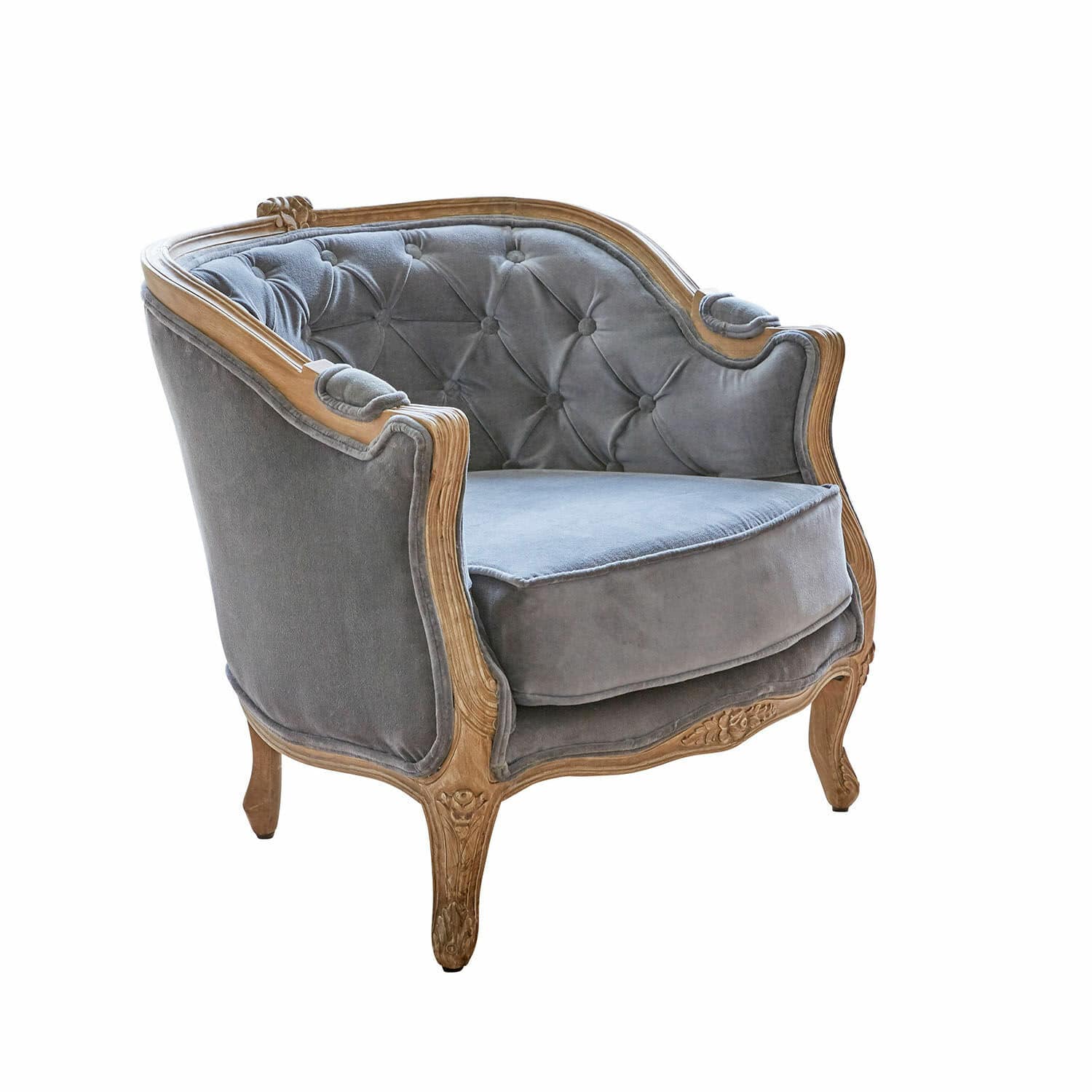 Fauteuil Annezay Fauteuil van grijze fluweel met houten frame in vintage stijl, elegante woonkamerstoel