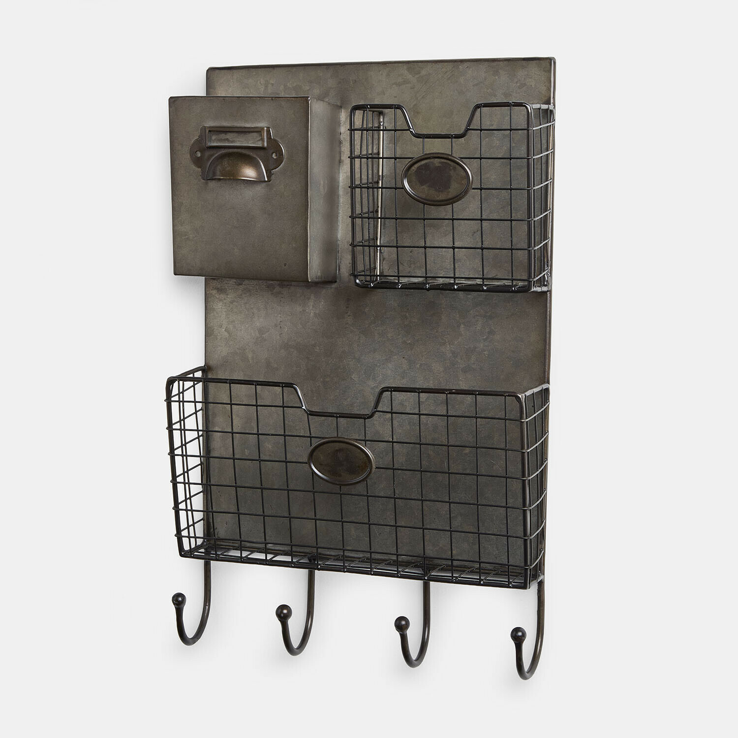 Organizer Zentros Zwarte metalen wandorganizer met twee manden en vier haken voor praktische opbergruimte