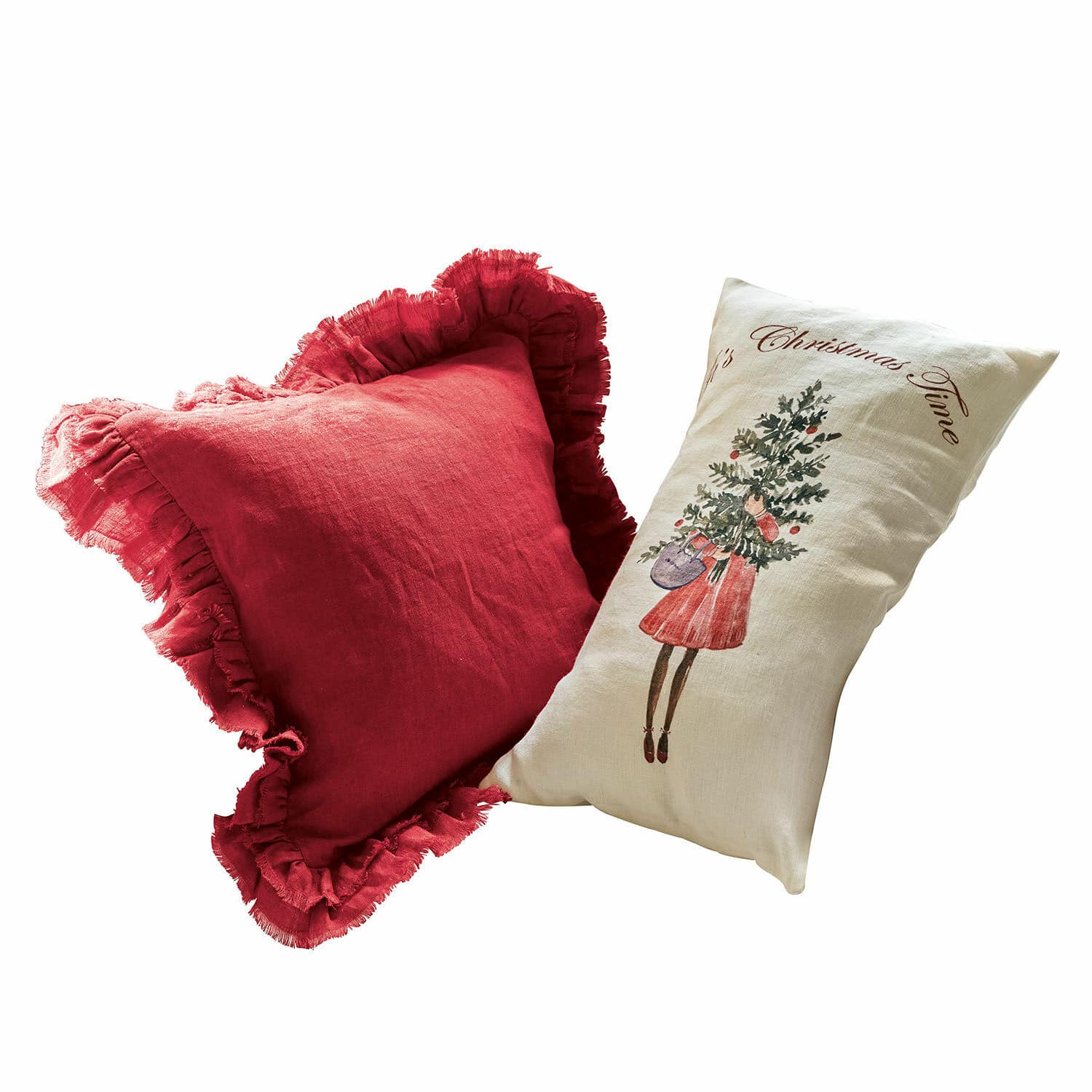 Kussenhoes set van 2 Christmas Time Set van twee decoratieve linnen kussens in rood en crème met kerstmotief